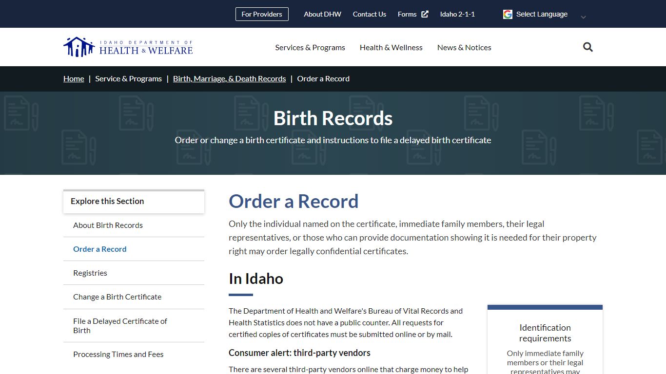 Order a Record | Idaho Department of Health and Welfare